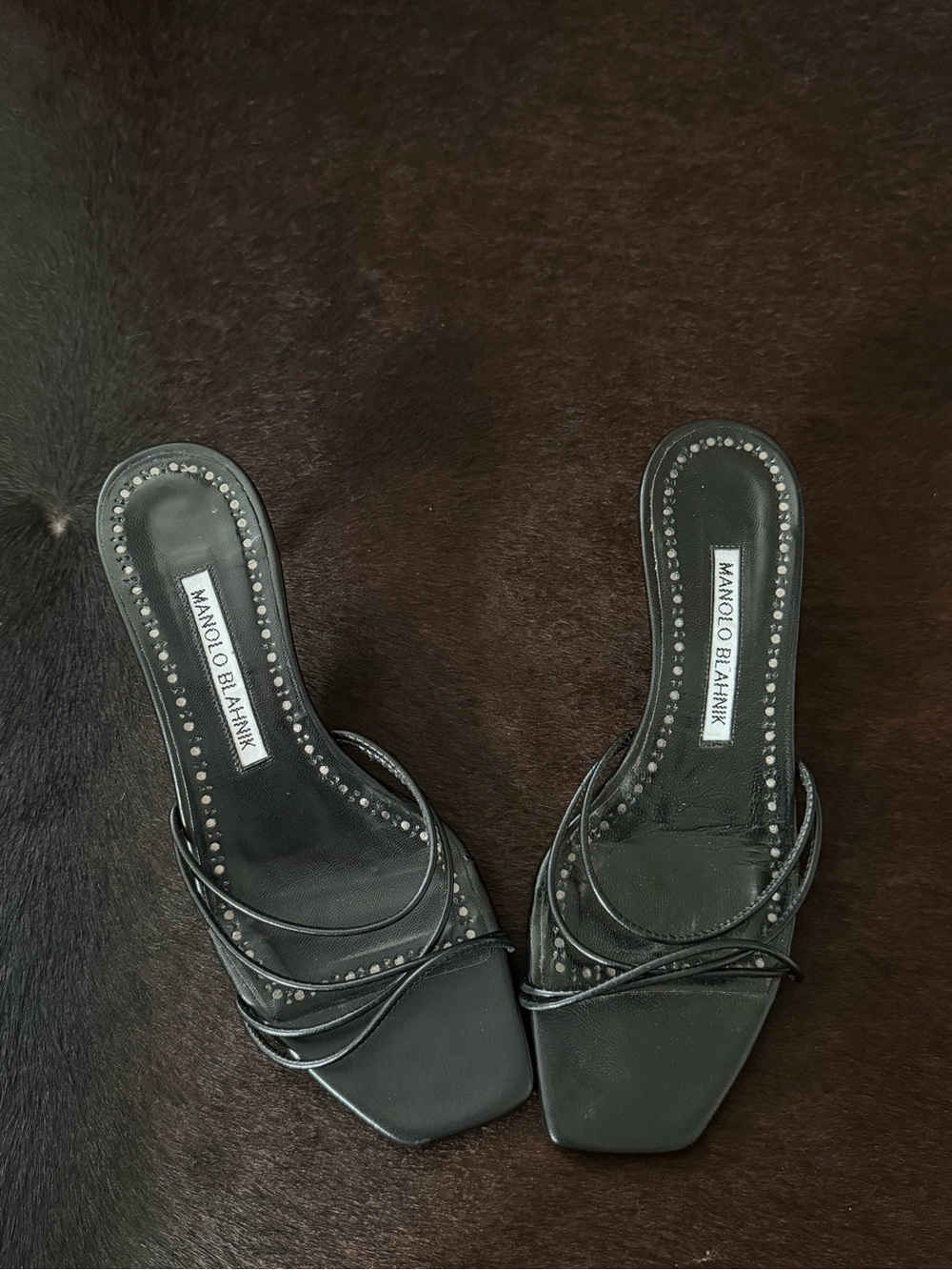 Manolo Blahnik Black Strappy Square-Toe Slide Mules